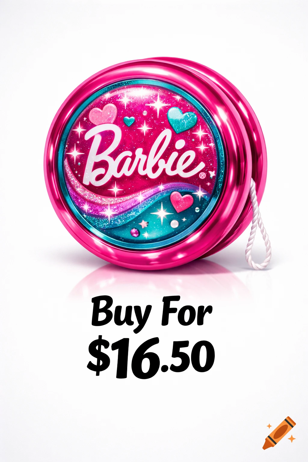 A bright pink, glittery Barbie yo-yo with a white string, presented as a product advertisement, showing 'Buy For $16.50'.