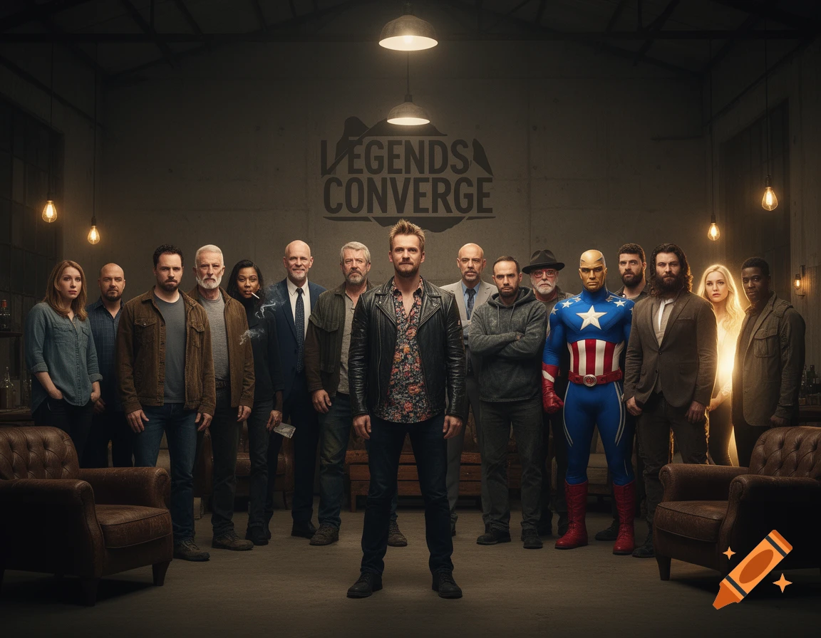 A large group of diverse men and women, including one in a Captain America-like suit, stand in a dimly lit warehouse with "LEGENDS CONVERGE" on the wall.