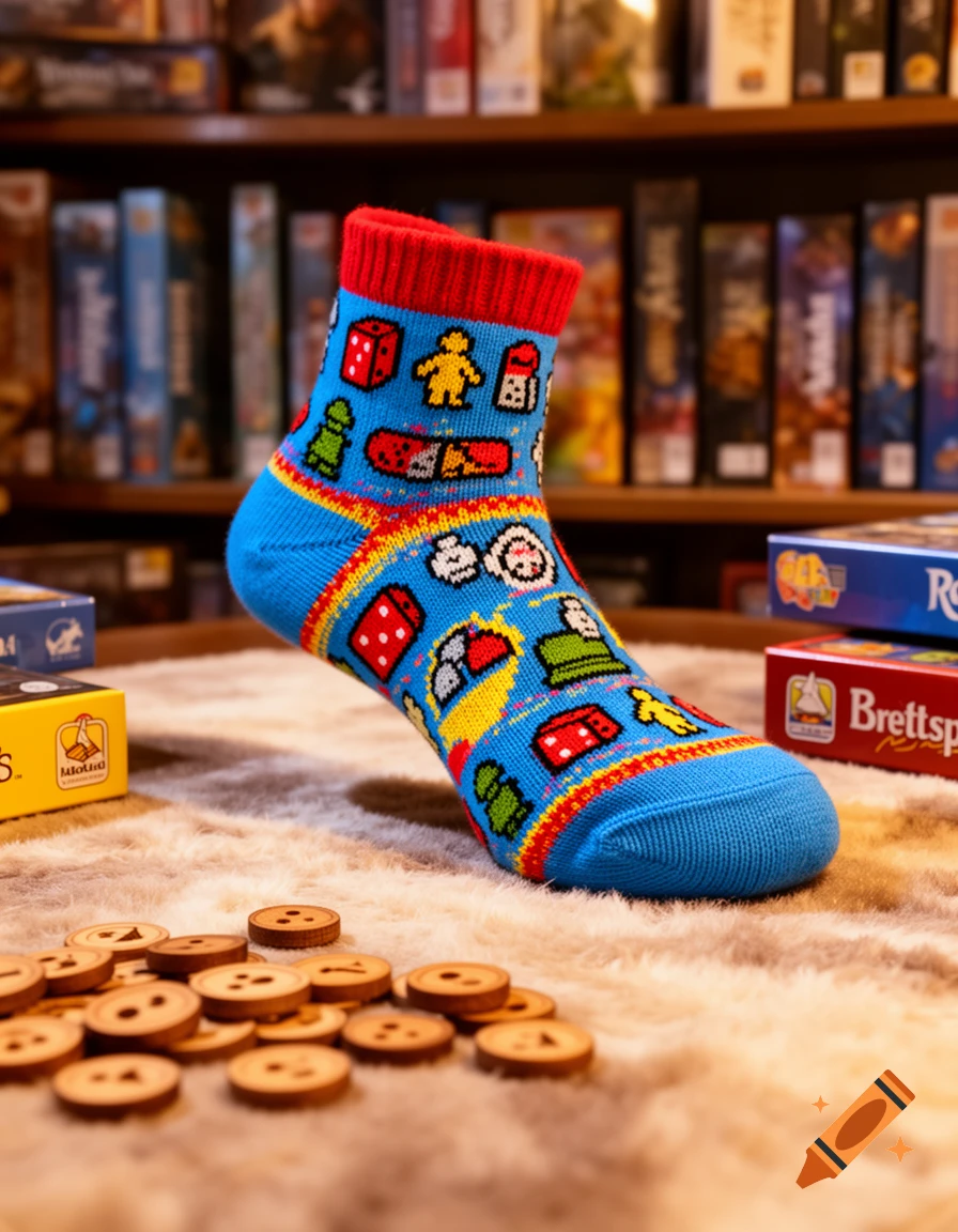 A vibrant blue sock patterned with colorful board game pieces like dice and pawns stands on a furry surface with wooden tokens. Blurred board game boxes fill the background shelves.