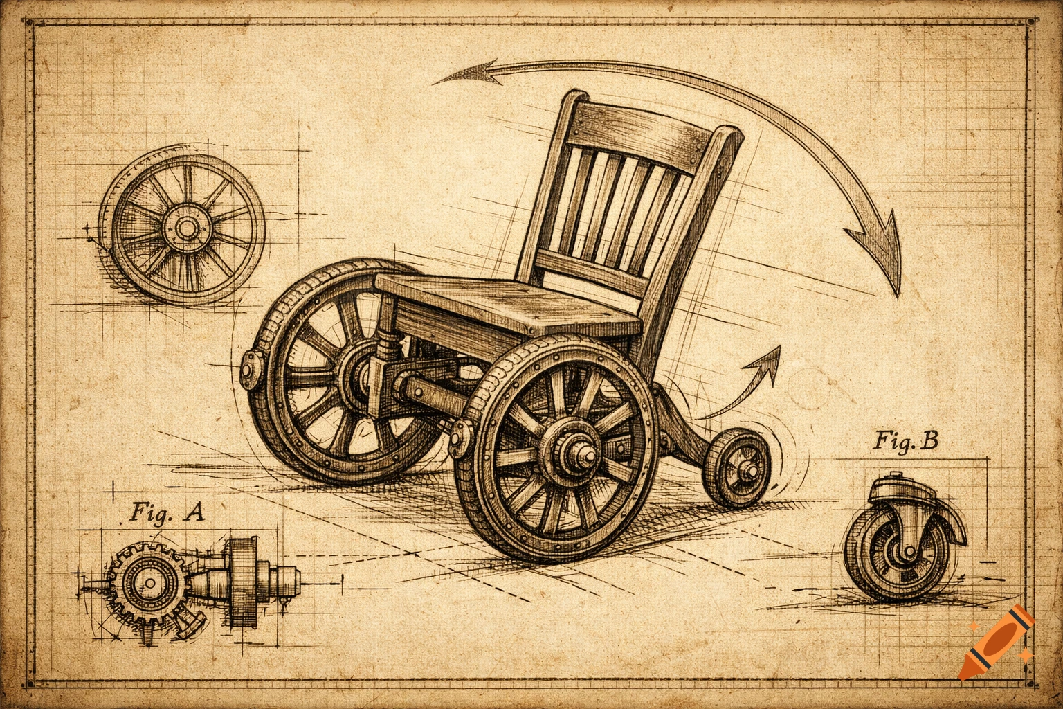 Vintage schematic drawing of a wooden chair with large front wheels and small rear wheels, tilting backward, on aged paper.