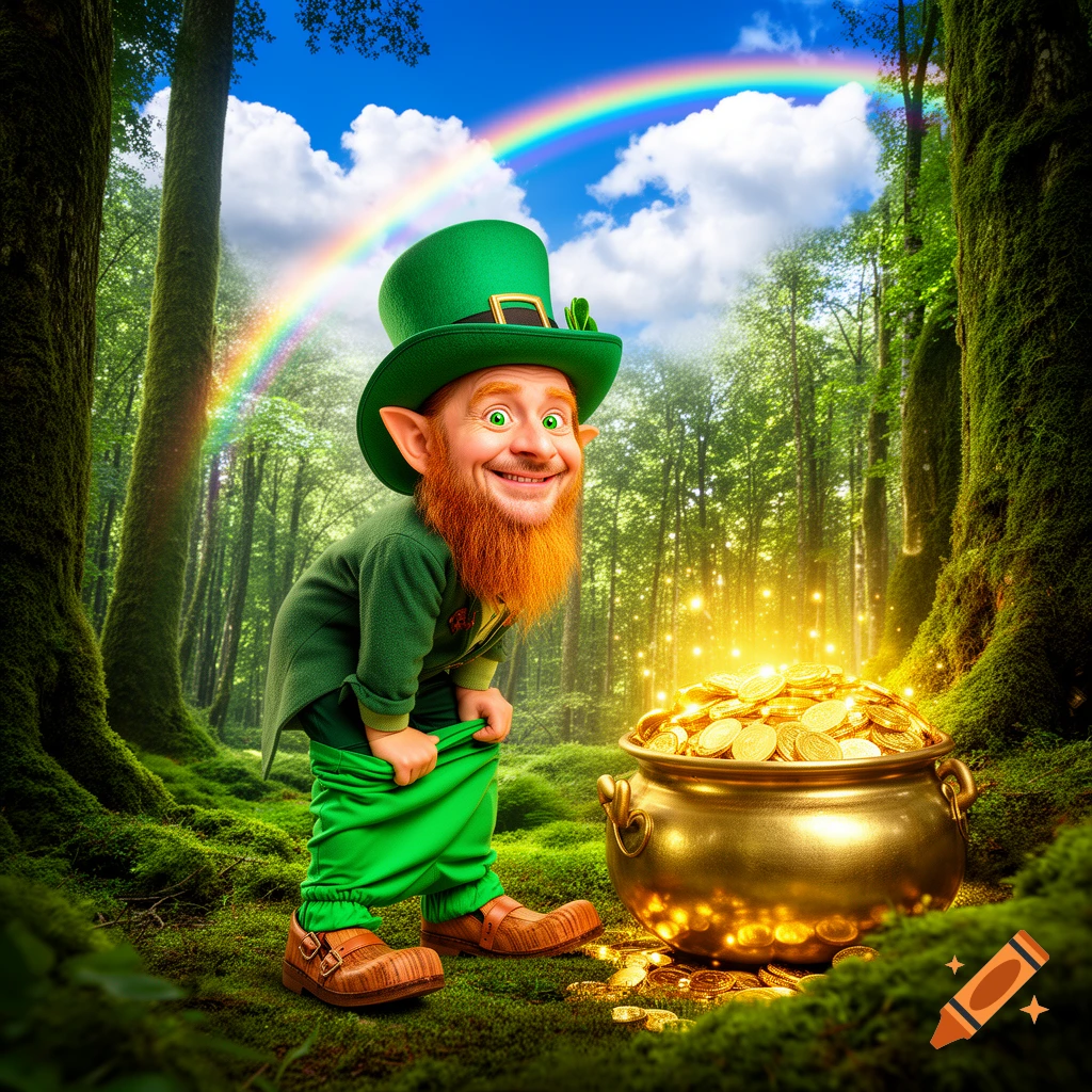 Smiling leprechaun with a red beard pulling down green pants next to a glowing pot of gold, under a rainbow in a magical forest.
