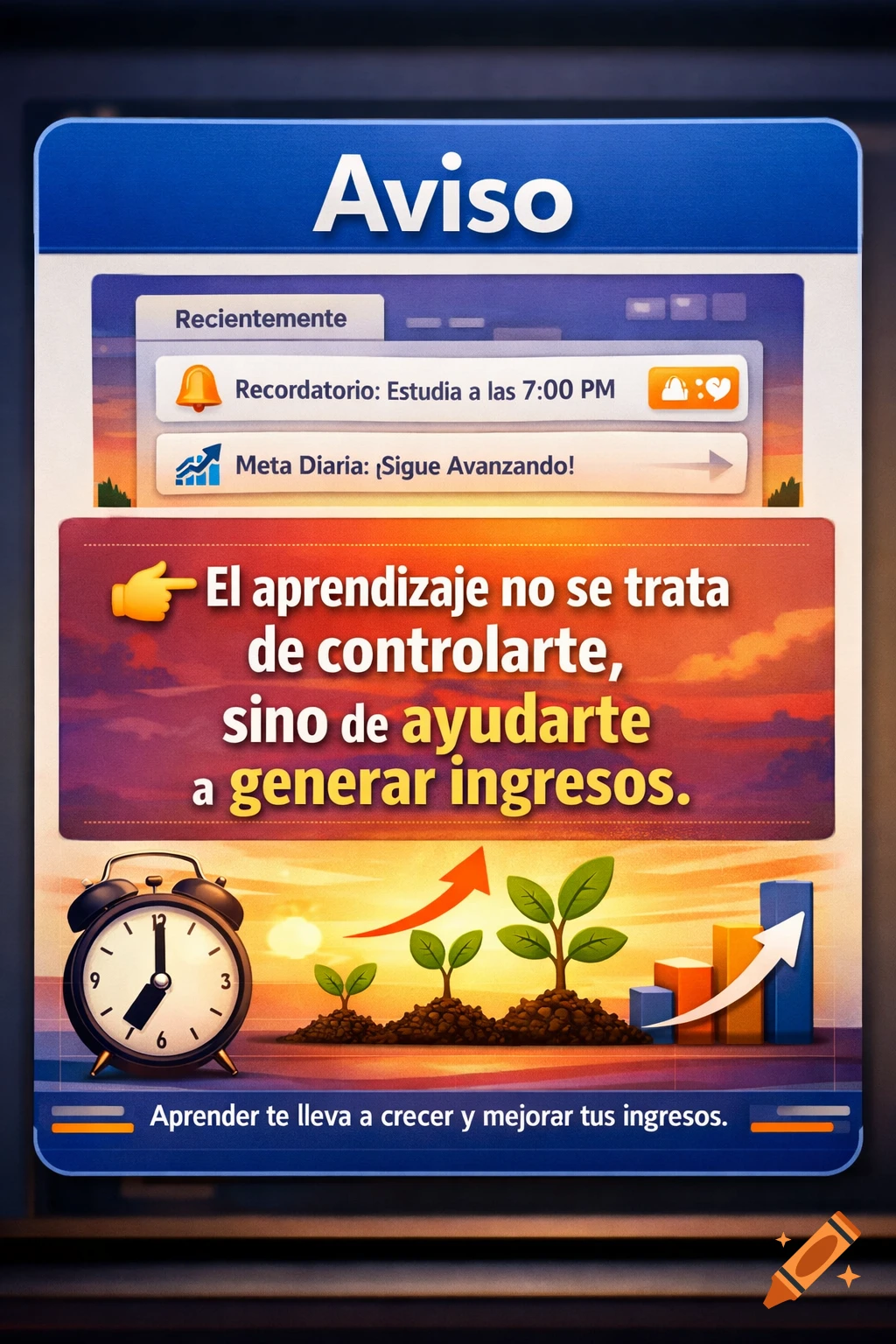 A stylized digital notice board with Spanish text about learning to generate income, showing an alarm clock, growing plants, and a bar chart against a sunset.