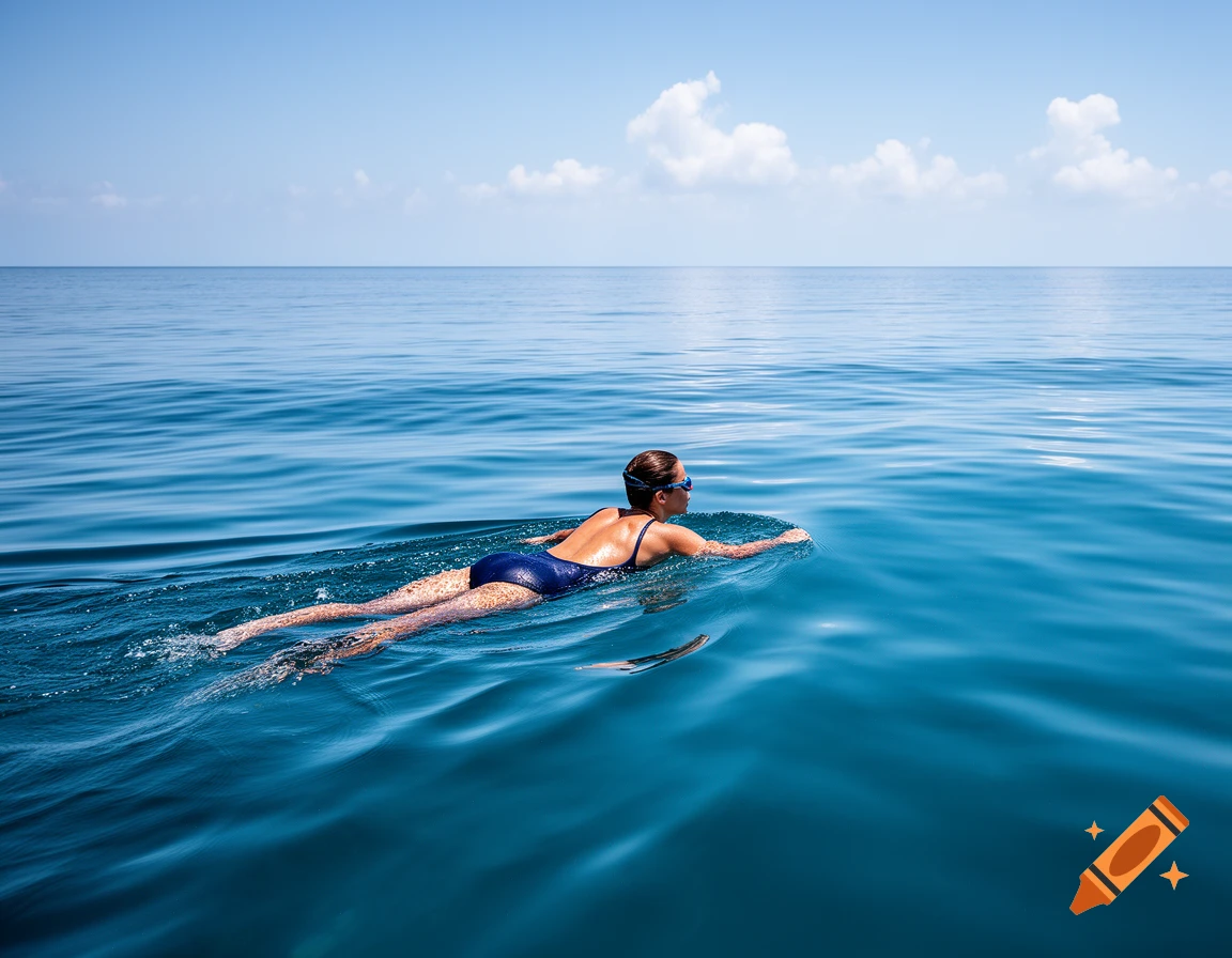 A person in a blue swimsuit and goggles swims on their back in the calm, blue ocean under a clear sky.