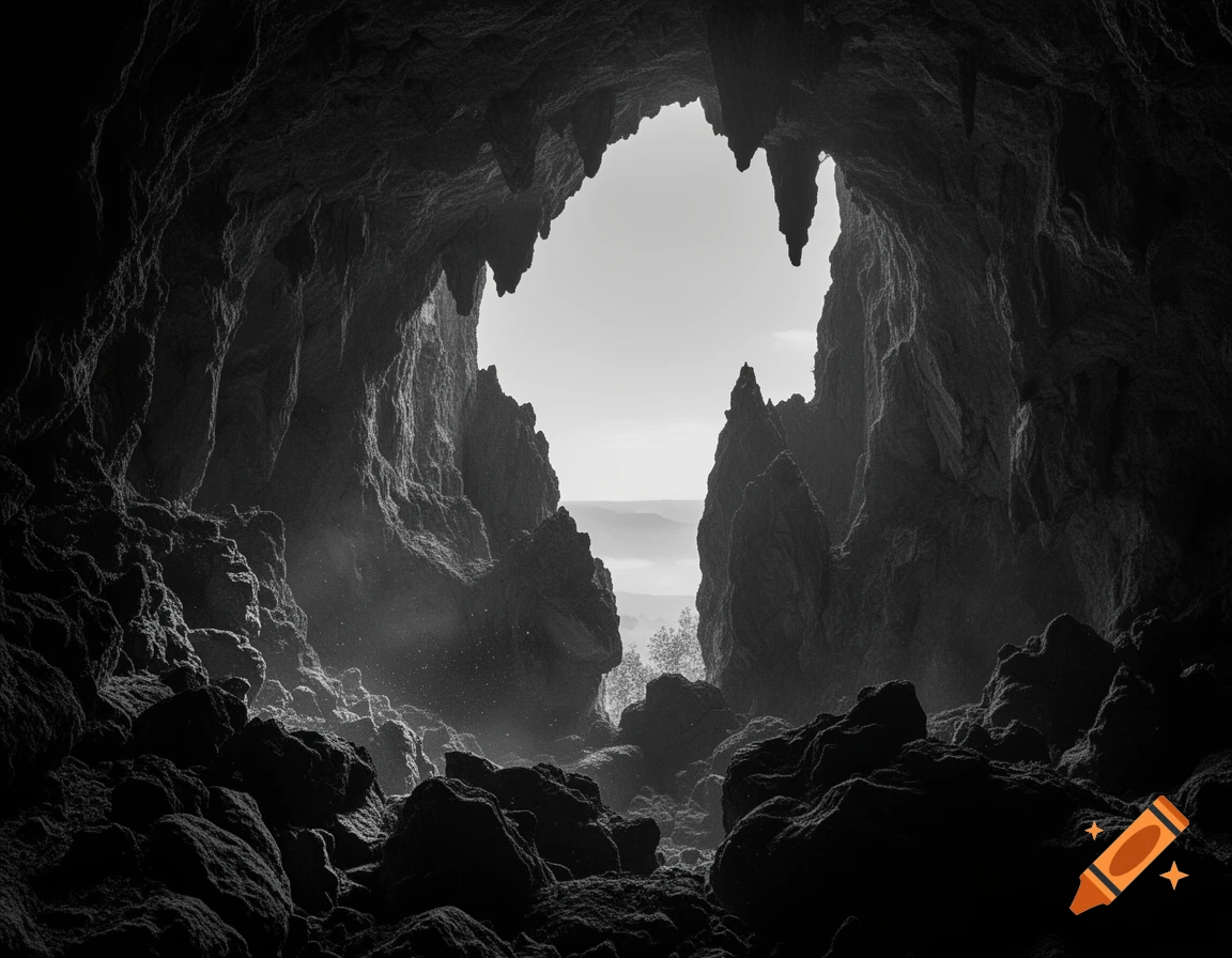 Black and white photorealistic view from inside a dark cave, looking out to a bright, misty landscape.