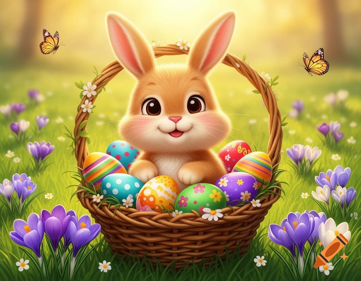 A cute brown cartoon Easter bunny sits in a basket of colorful eggs, surrounded by purple crocuses and butterflies in a sunny spring meadow.