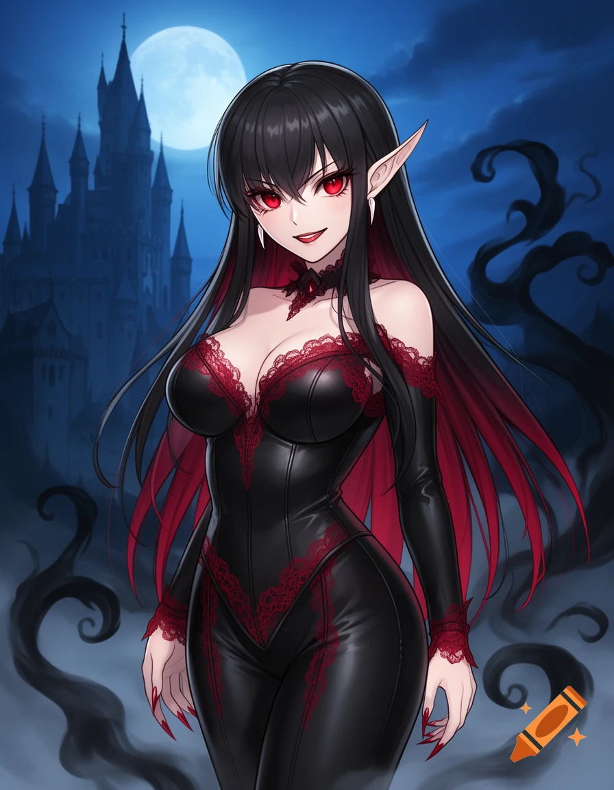 Anime vampire girl with black and red hair, red eyes, pointed ears, fangs, and a black and red lace outfit, standing before a dark castle and full moon.
