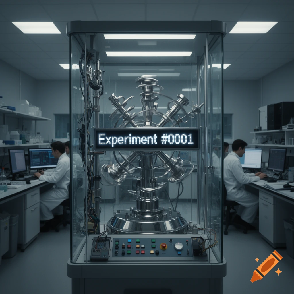 Photorealistic image of a complex scientific experiment apparatus in a glass case displaying 'Experiment #0001', with scientists working in a modern lab.