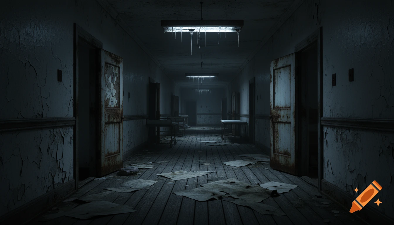 Dark, eerie hallway in an abandoned asylum with peeling paint, rusted doors, scattered papers, and dripping fluorescent lights.