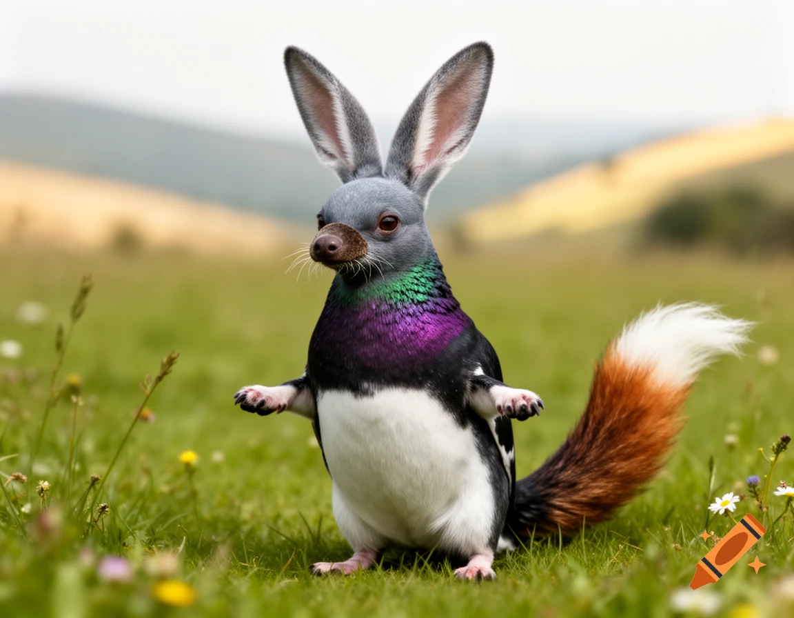 A whimsical hybrid creature with a pigeon head, rabbit ears, penguin body, mole nose, and fox tail stands in a grassy field.