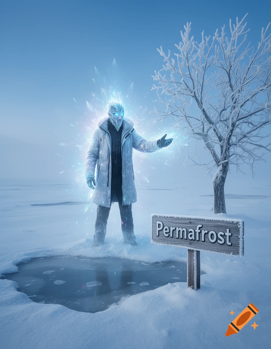 A mysterious glowing figure with ice powers stands in a snowy permafrost landscape next to a sign and a frozen tree.