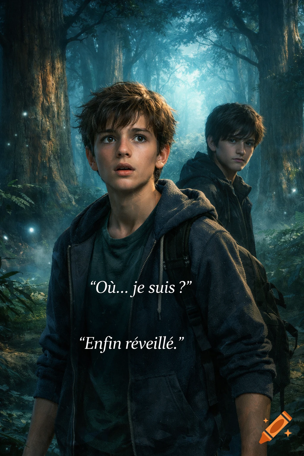 Two boys with backpacks stand in a misty, magical forest with glowing lights. The boy in front looks surprised, while the one behind is serious. French text overlays the scene.