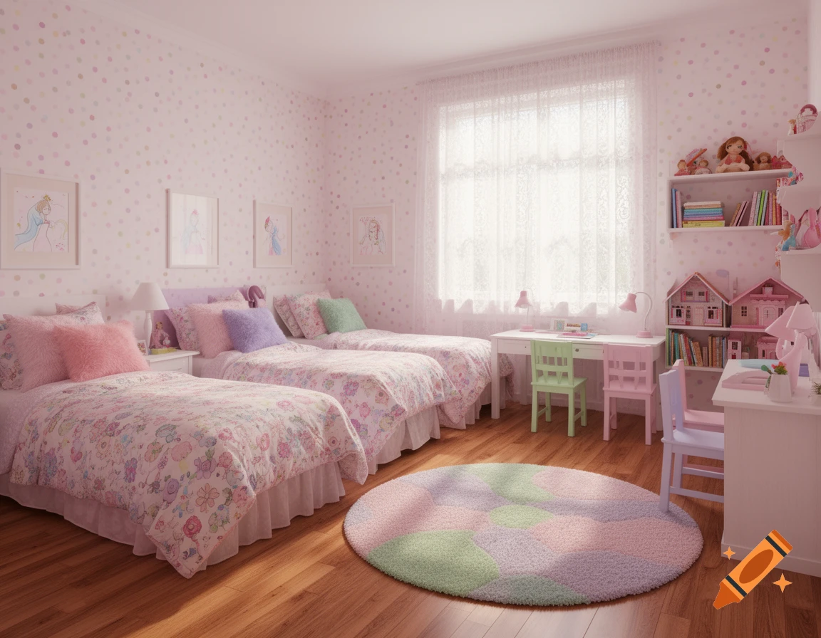 A pastel pink and green girls' bedroom with three beds, a shared desk, bookshelves with dollhouses, and a colorful round rug.