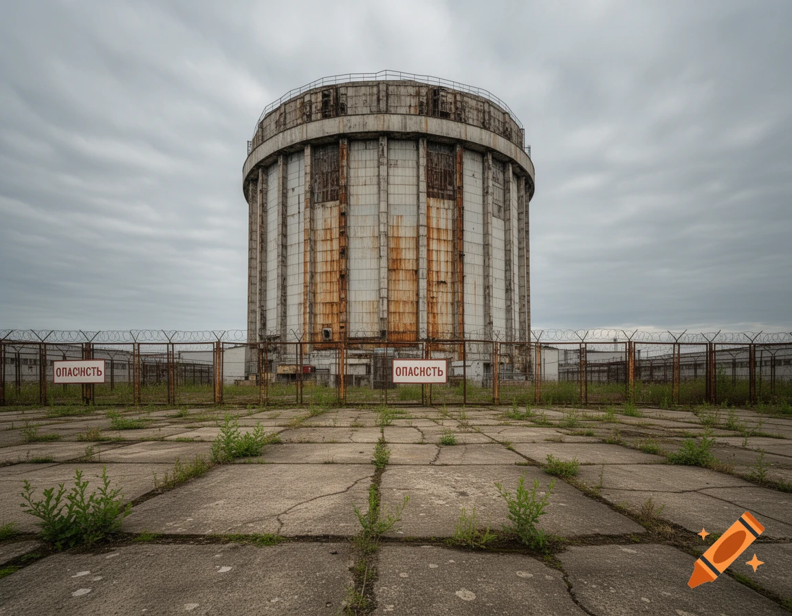 A large, cylindrical, rusty concrete building with DANGER signs and a barbed wire fence under a grey sky. Weeds grow through cracked concrete in the foreground.
