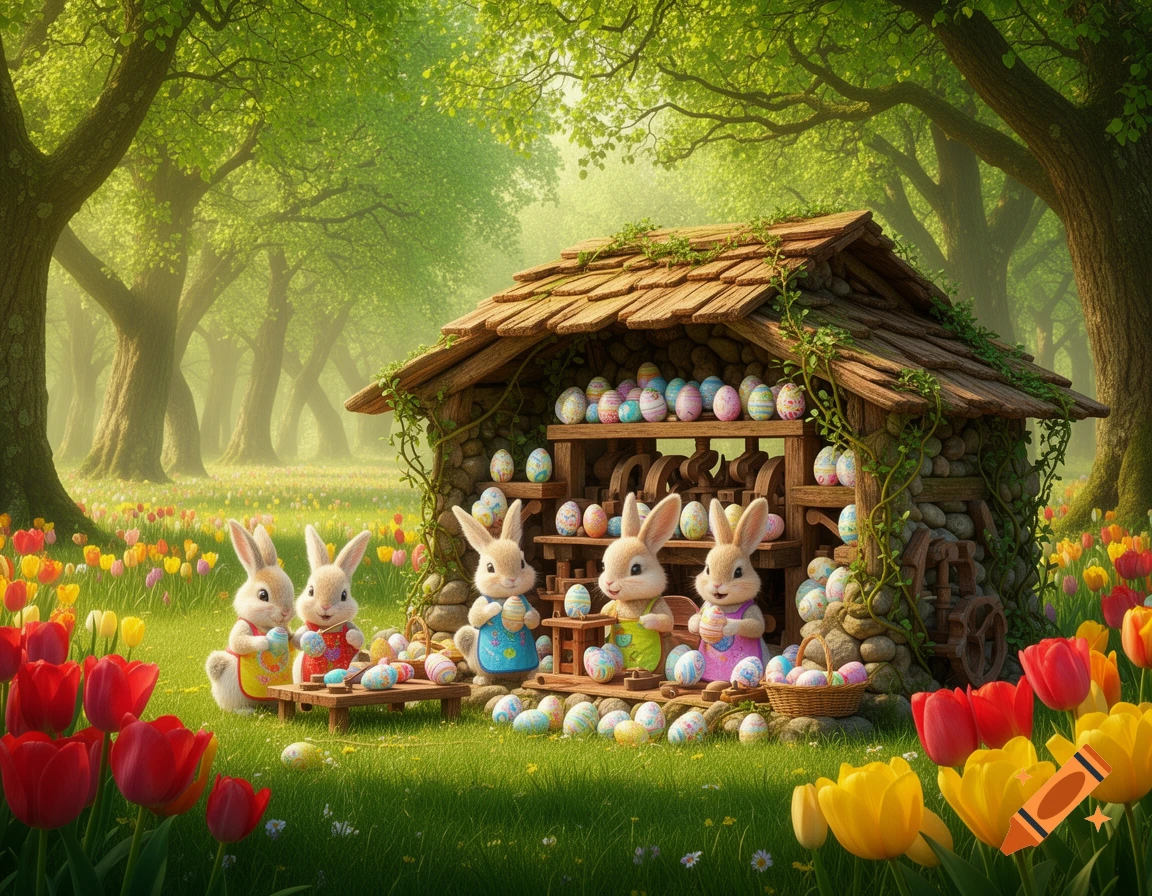 Four cute Easter bunnies decorate eggs in front of a rustic shed filled with eggs, surrounded by a lush green forest and vibrant red and yellow tulips.