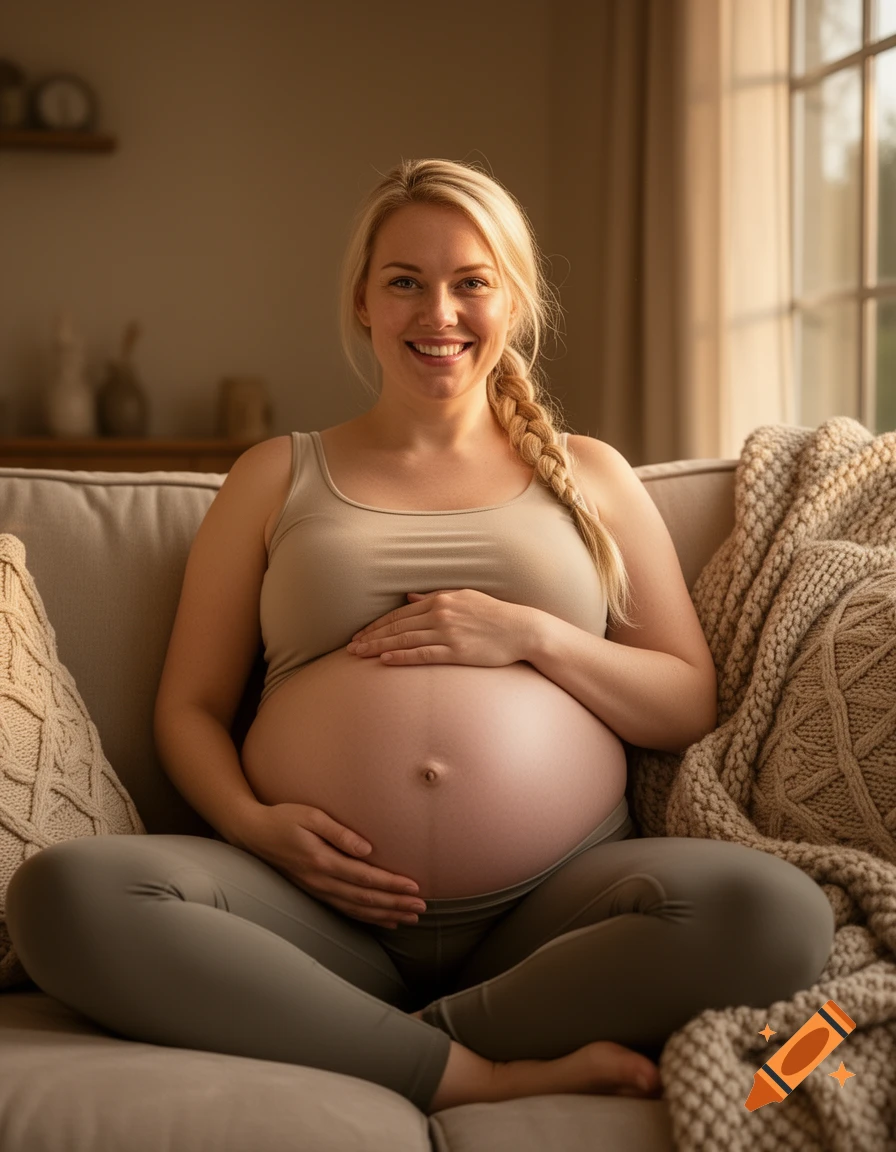 Photorealistic image of a smiling pregnant woman with a braid, sitting on a sofa and holding her large belly in a cozy room.