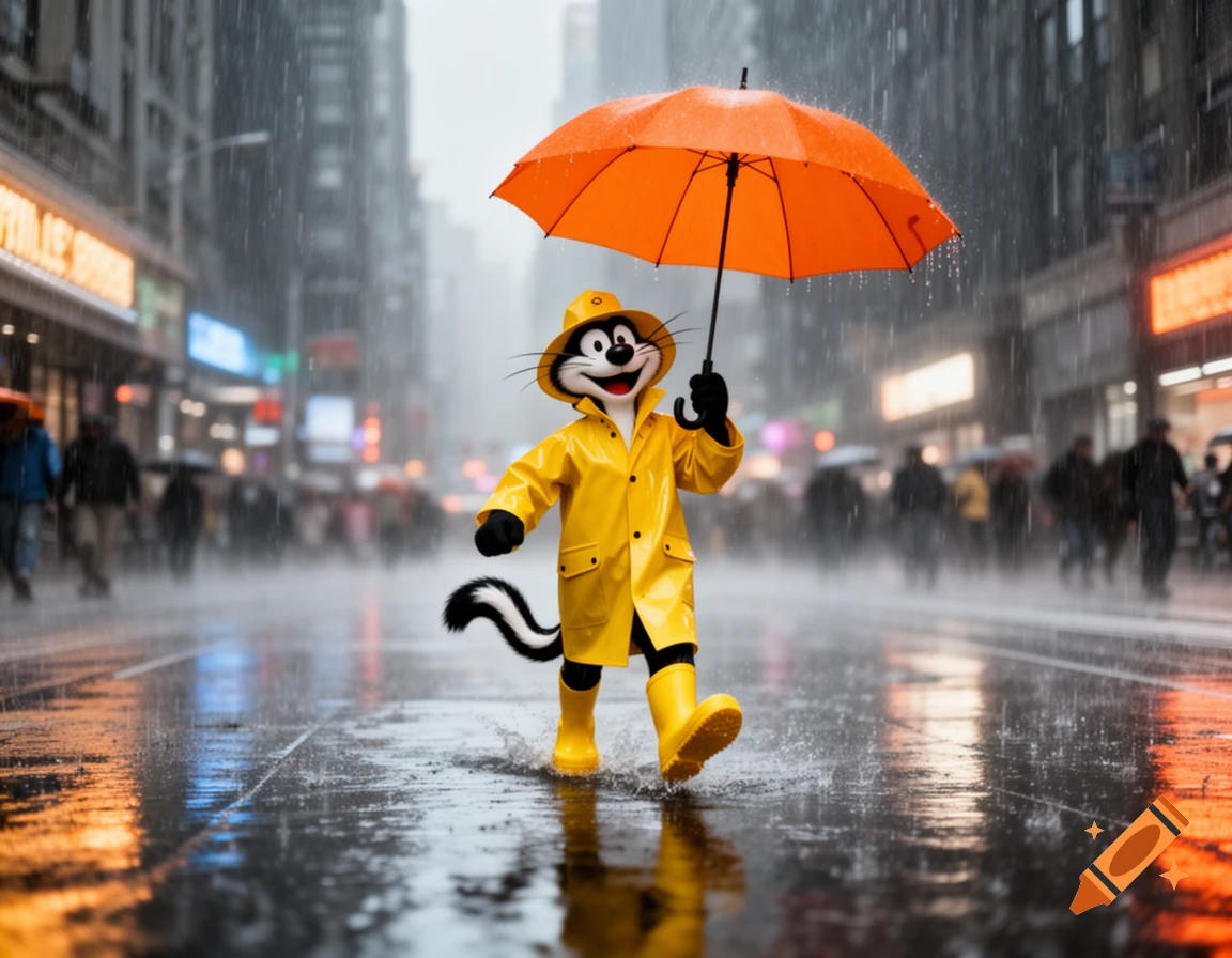 A cartoon character resembling Felix the Cat, wearing a yellow raincoat and boots, walks with an orange umbrella on a rainy city street.