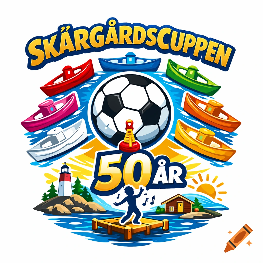 Colorful cartoon logo for 'SKÄRGÅRDSKUPPEN 50 ÅR' football tournament with a soccer ball, boats, lighthouse, and dancing figure.