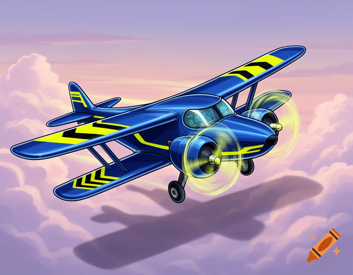 Cartoon blue biplane with yellow and black accents flying through a pink and purple cloudy sky.