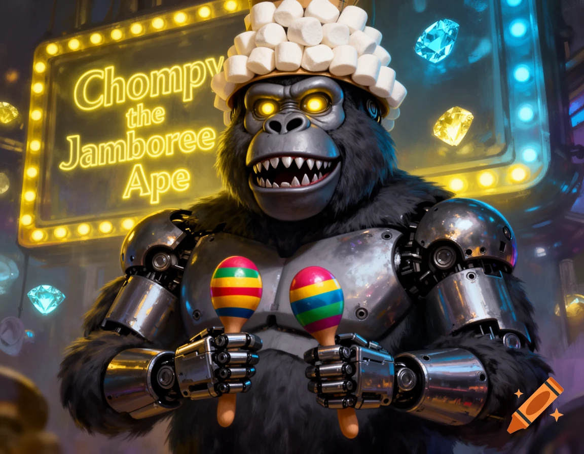 A robotic gorilla with a marshmallow hat and glowing yellow eyes holds two rainbow maracas under a neon sign that reads 'Chompy the Jamboree Ape'.
