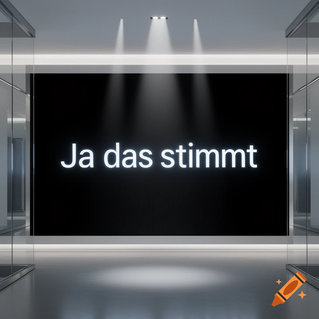White neon text "Ja das stimmt" on a large black screen in a modern, minimalist room with spotlights and glass walls.