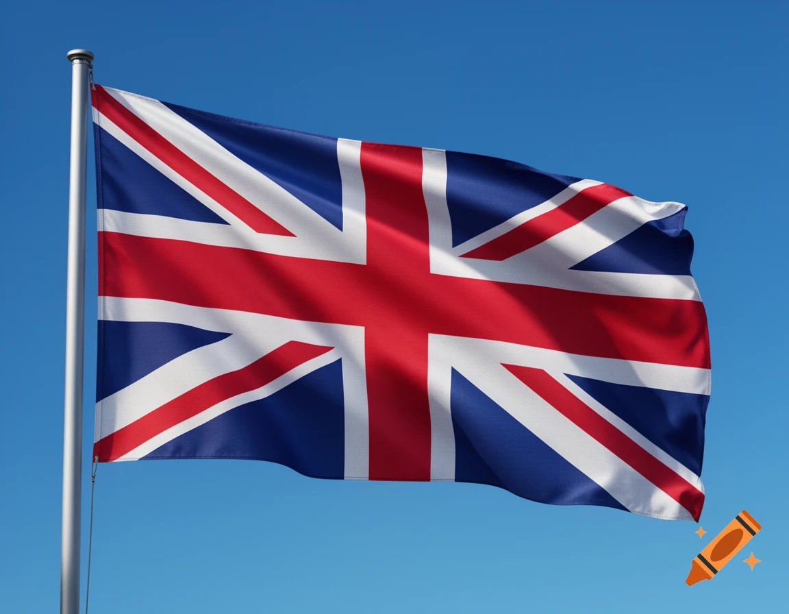 The Union Jack flag of the United Kingdom waves against a clear blue sky.