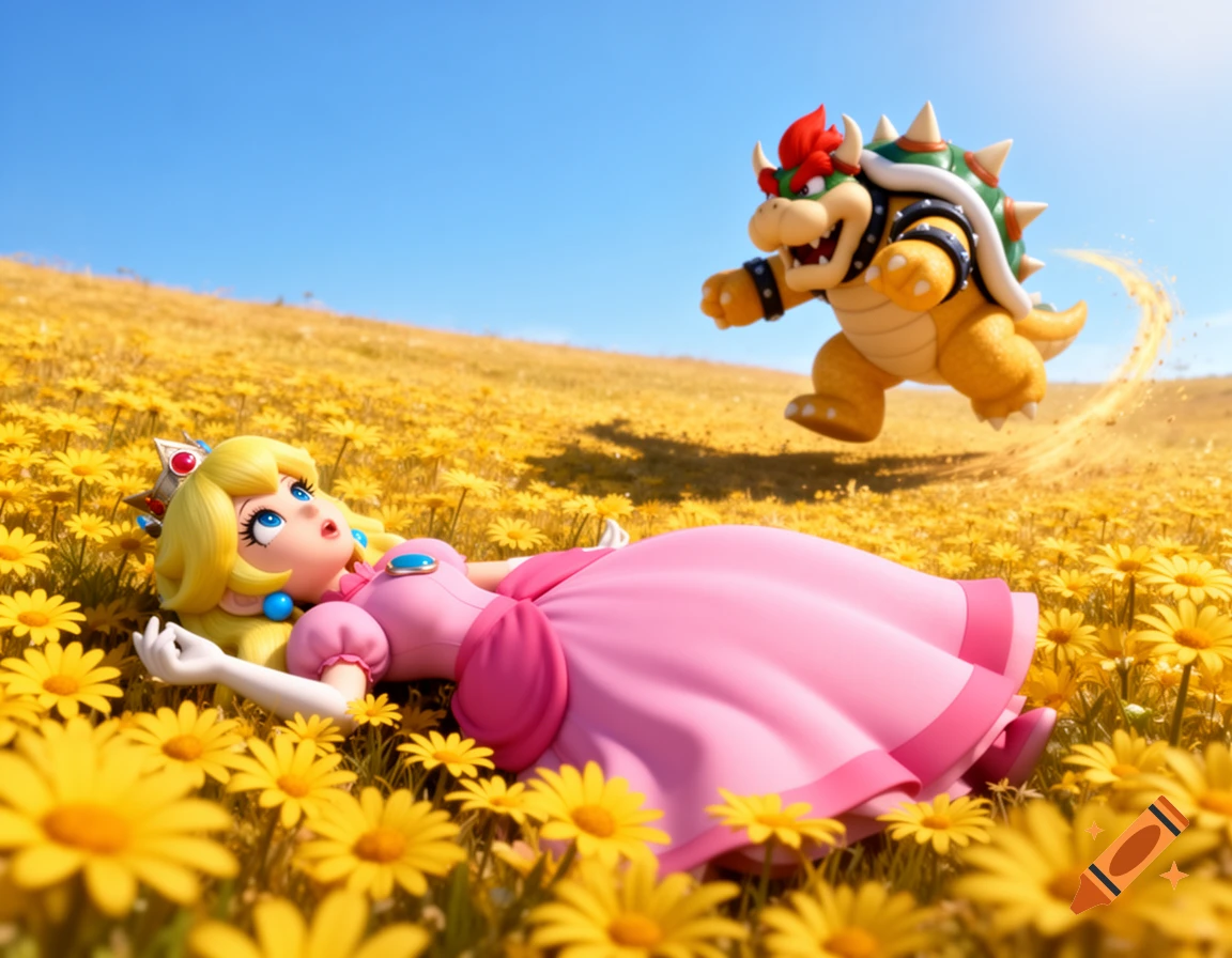 Princess Peach lies in a field of yellow daisies under a clear blue sky, while Bowser jumps happily in the background.