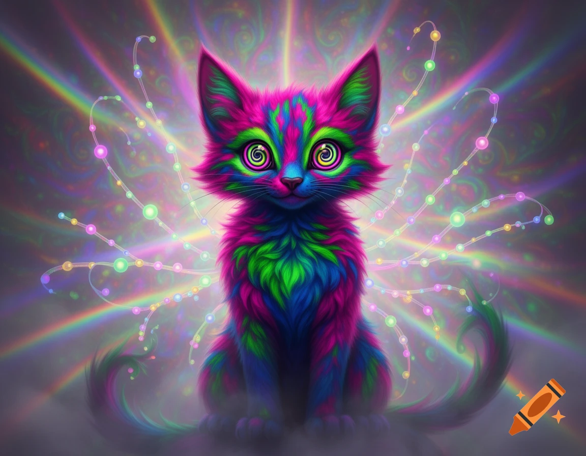 A vibrant, psychedelic cat with swirling eyes and fur in neon pink, green, and blue, surrounded by glowing rainbow patterns.