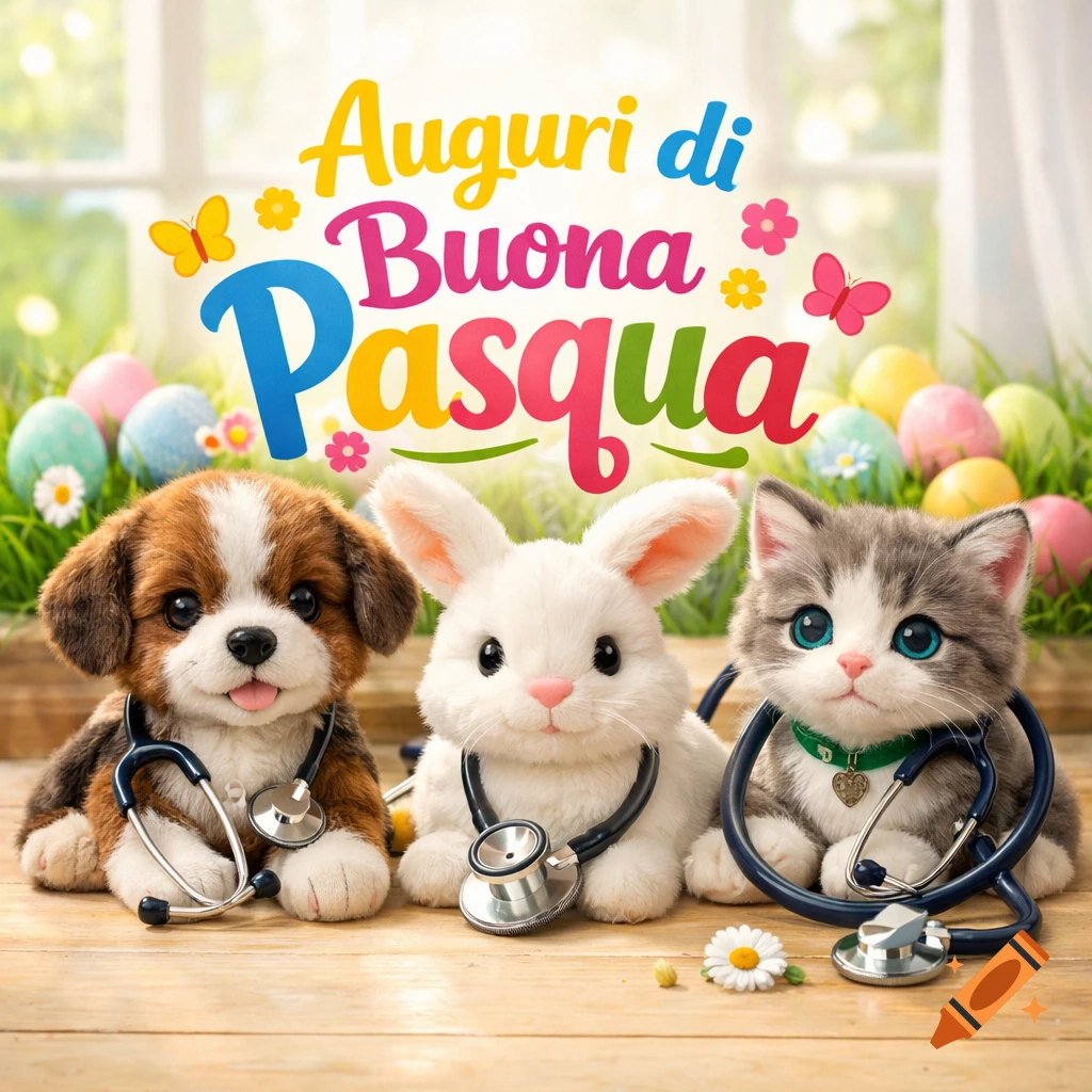 A cute puppy, bunny, and kitten wearing stethoscopes sit on a wooden surface with colorful Easter eggs and green grass in the background. Text reads 'Auguri di Buona Pasqua'.