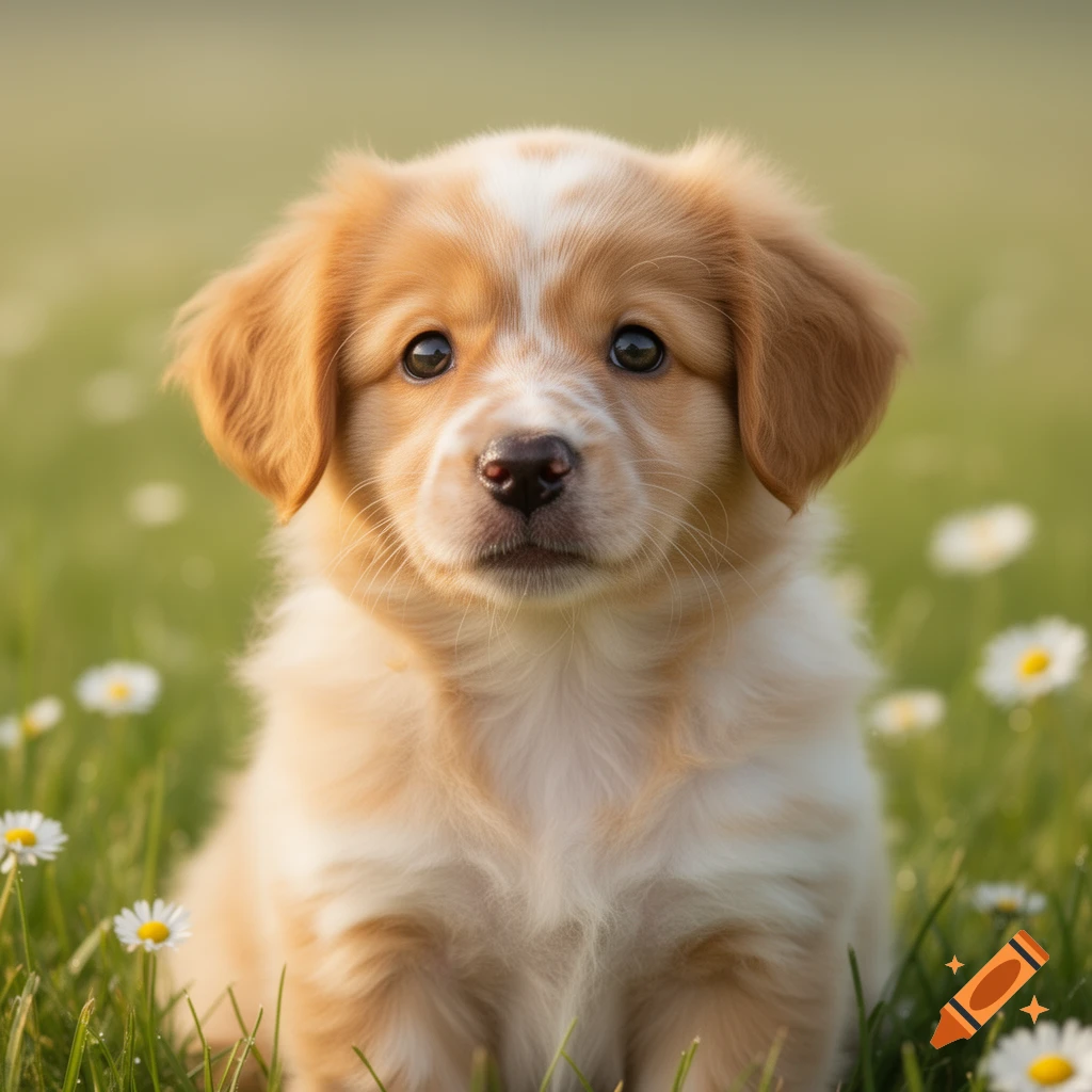 A cute light brown and white puppy with big eyes sits in a field of green grass and white daisies.