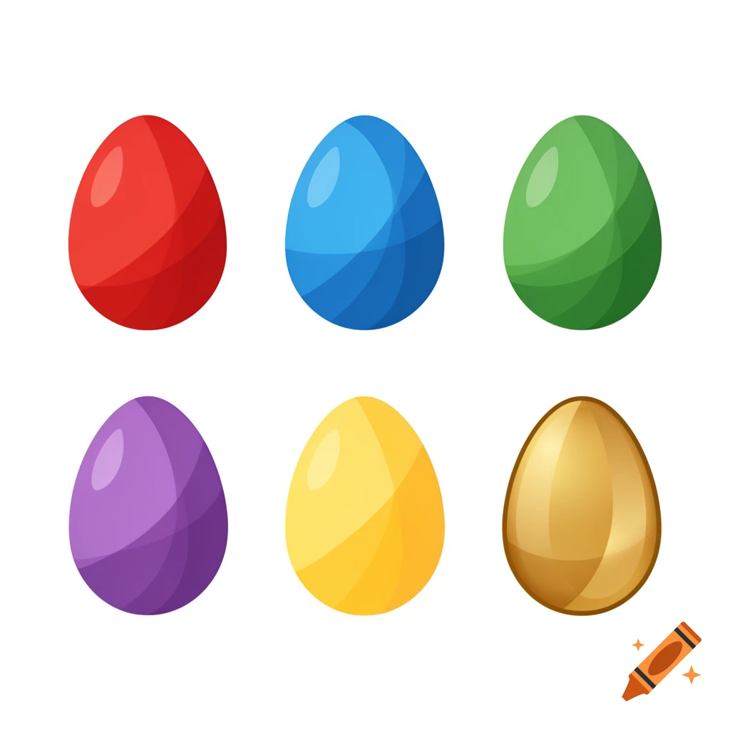 Six colorful Easter eggs in red, blue, green, purple, yellow, and golden hues, depicted in a flat design style.