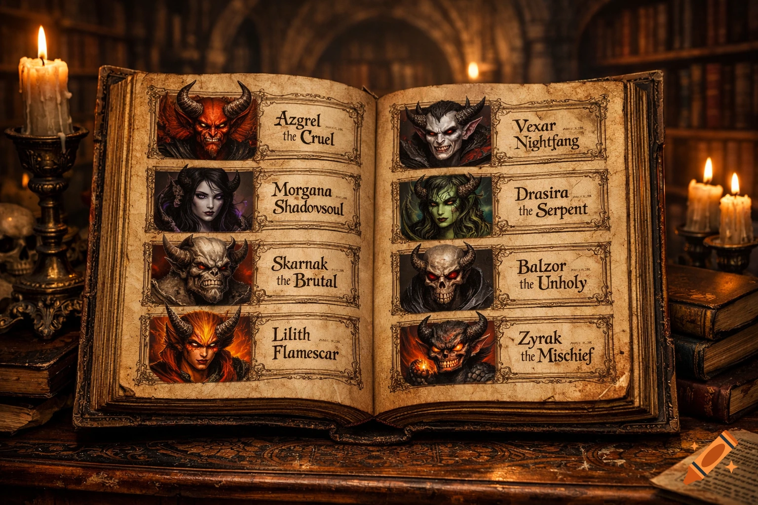 An open ancient book on a table, displaying portraits of eight stylized demons with names, in a candlelit library.