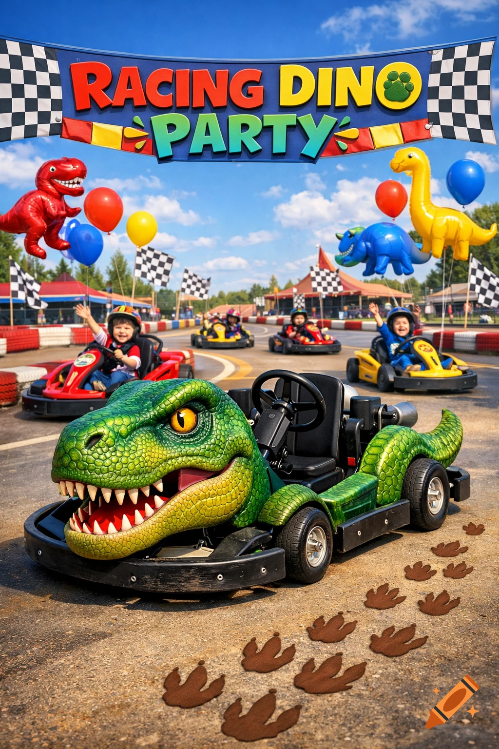 Photorealistic image of children racing go-karts, one shaped like a dinosaur, under a "Racing Dino Party" banner.