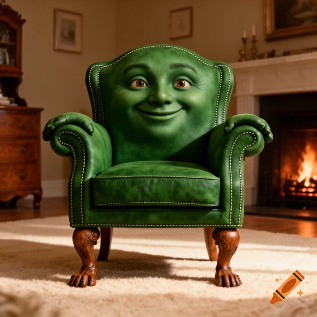 A photorealistic green leather armchair with a smiling human face, hands, and feet, sitting in a cozy living room by a fireplace.