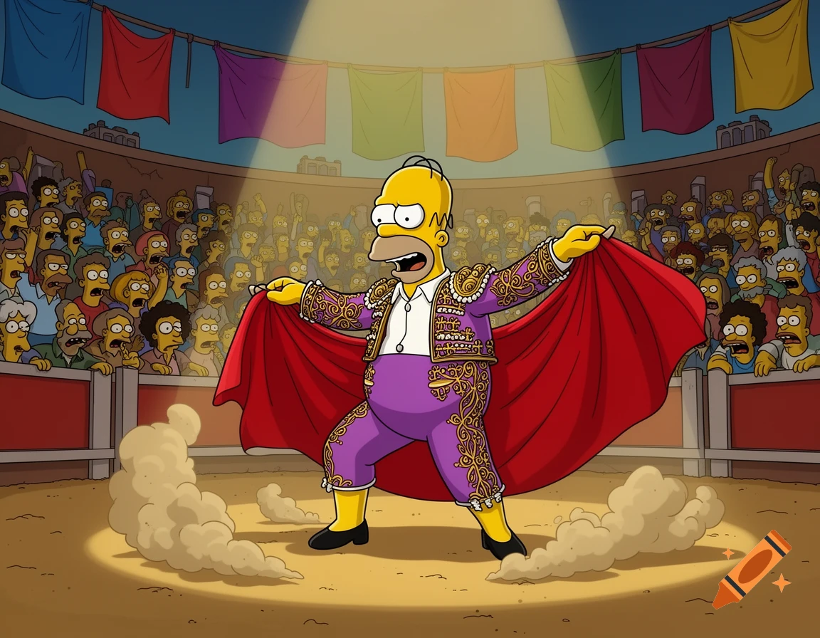 Homer Simpson as a matador in a bullfighting arena, posing with a red cape in front of a cheering crowd, Simpsons cartoon style.