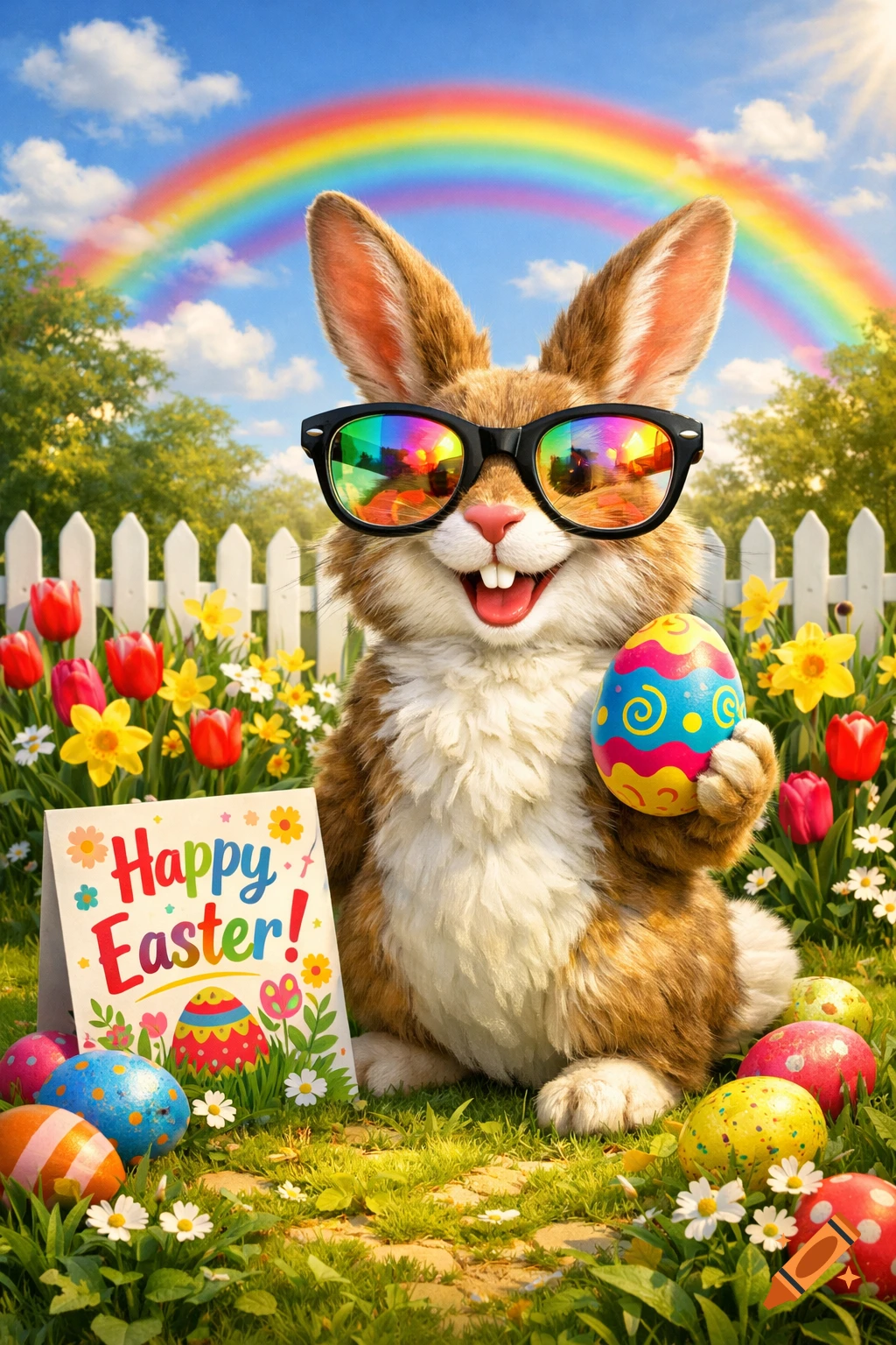 A smiling Easter bunny wearing rainbow sunglasses holds a decorated egg in a grassy field with flowers, other eggs, and a rainbow.