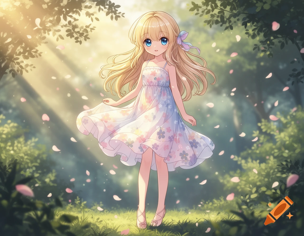A cute anime girl with long blonde hair and blue eyes, wearing a floral sundress, stands in a sunlit forest with falling pink petals.