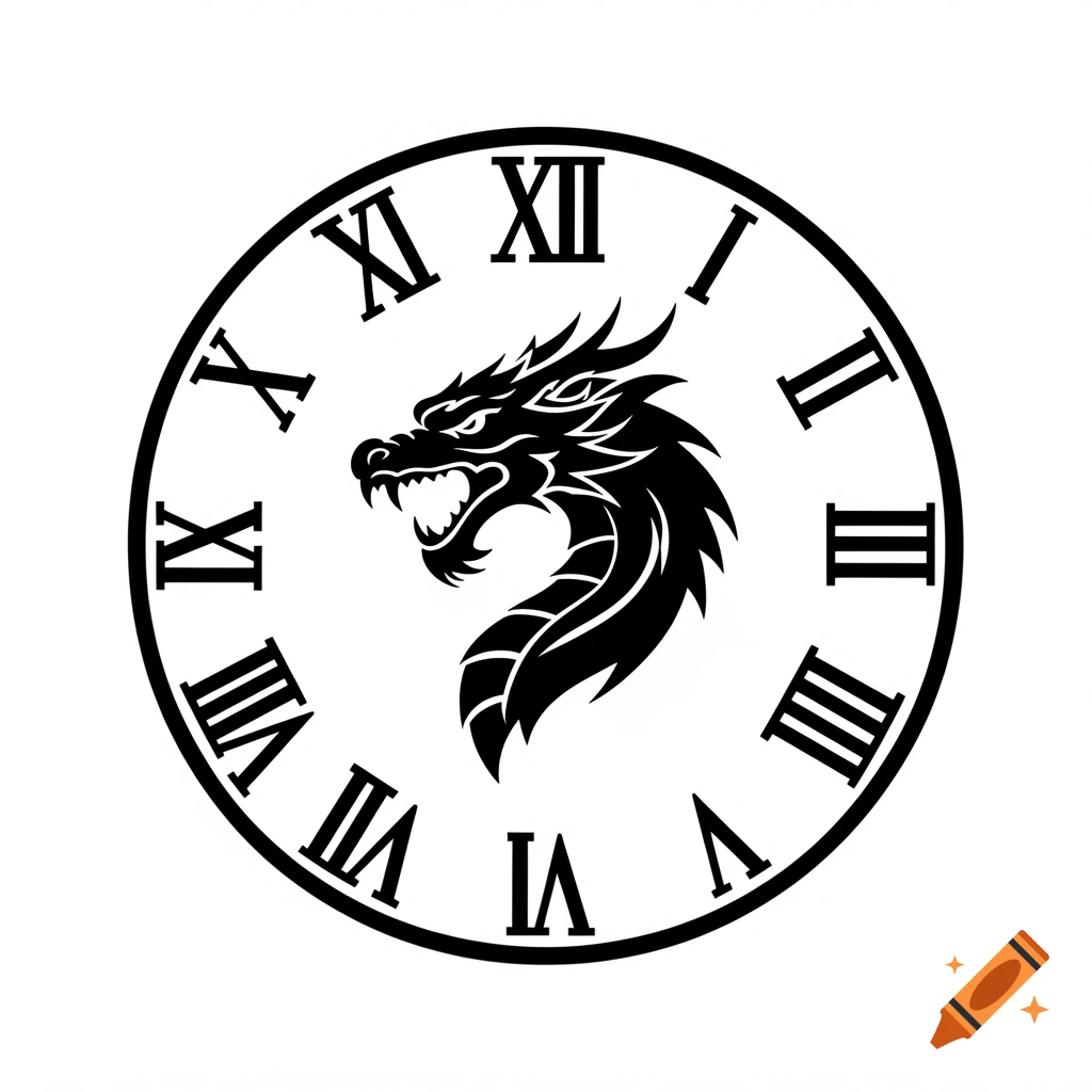 Black and white vector illustration of a snarling dragon head integrated into a clock face with Roman numerals.