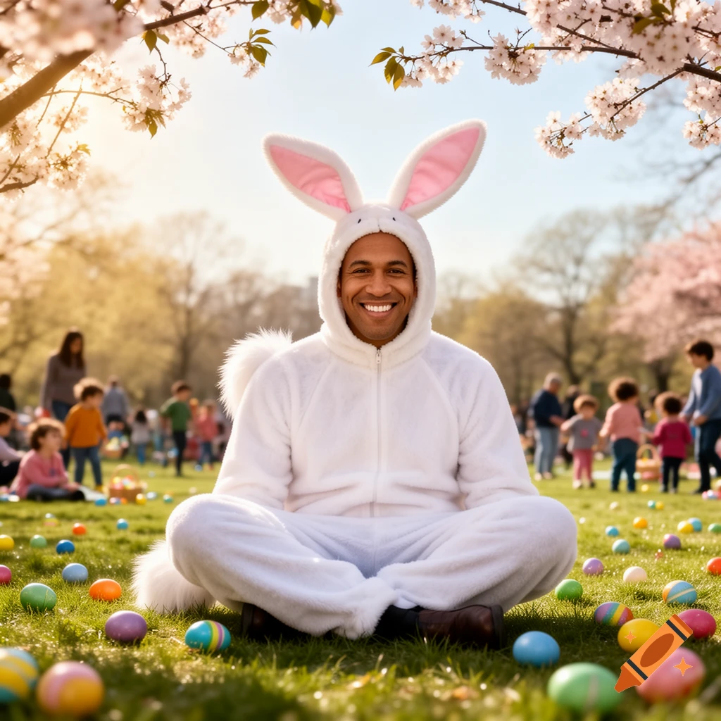A smiling man in a white Easter bunny costume sits on grass surrounded by colorful eggs in a sunny park with cherry blossoms and blurred children.