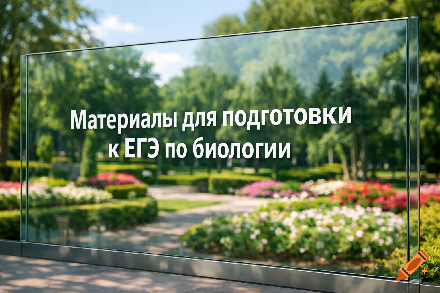 A glass sign displaying Russian text 'Материалы для подготовки к ЕГЭ по биологии' in a blurred park with trees and flowers.