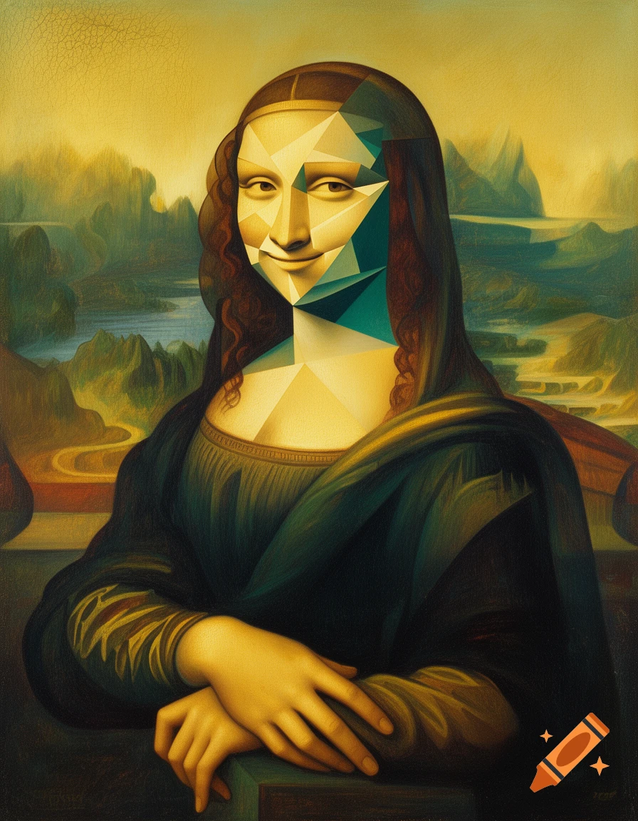 A cubist interpretation of Mona Lisa, with her face composed of geometric facets in yellow and teal, set against a traditional painted landscape.