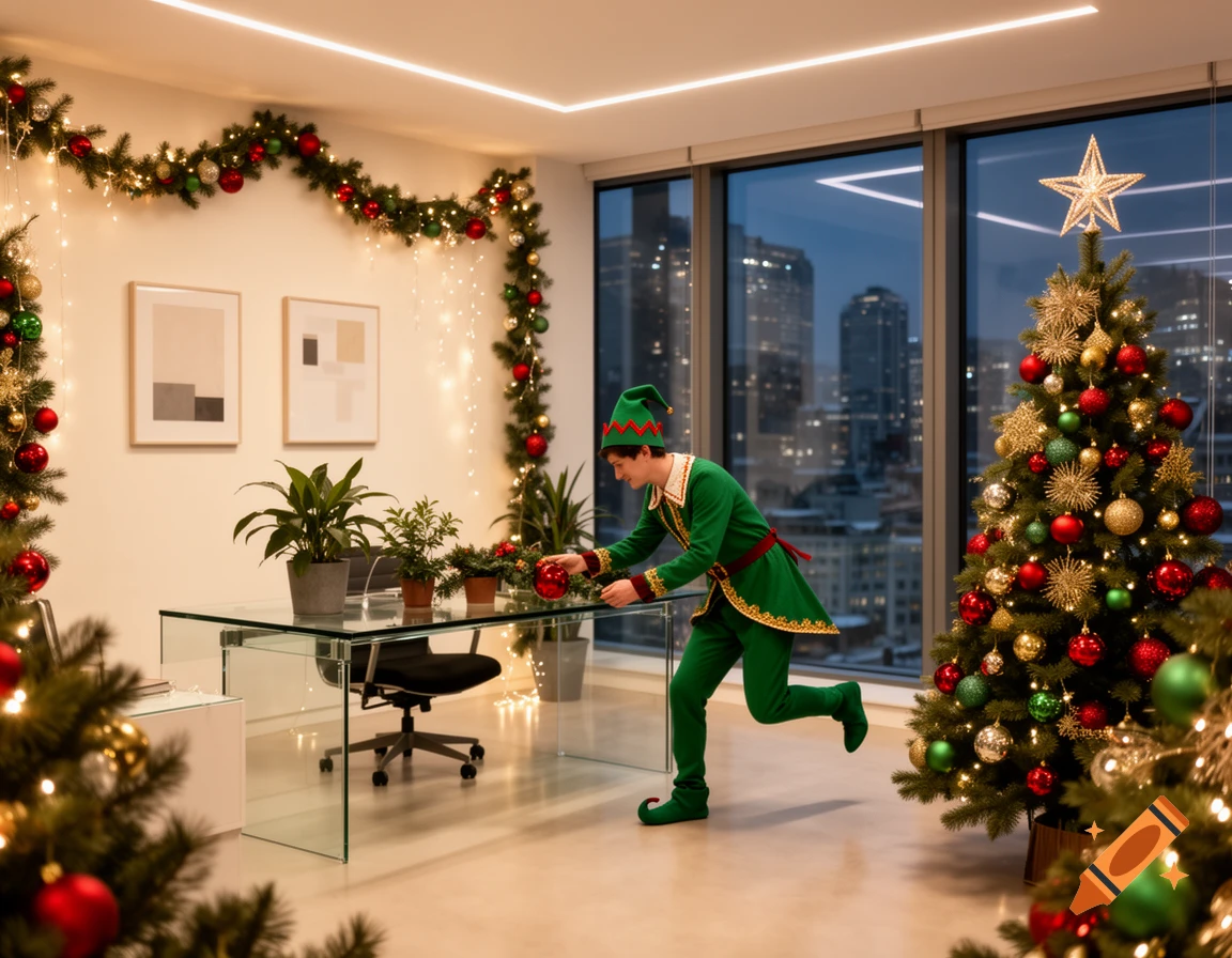An elf in a green suit decorates a modern office with Christmas garland and a tree, with a city skyline visible through large windows.