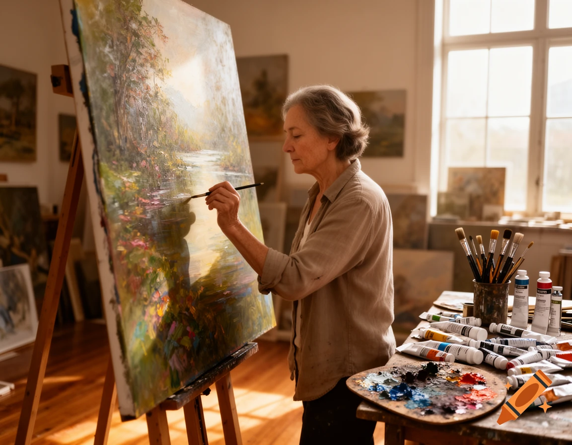 An elderly woman with gray hair paints a landscape on an easel in a bright art studio, with paints and palette on a table.