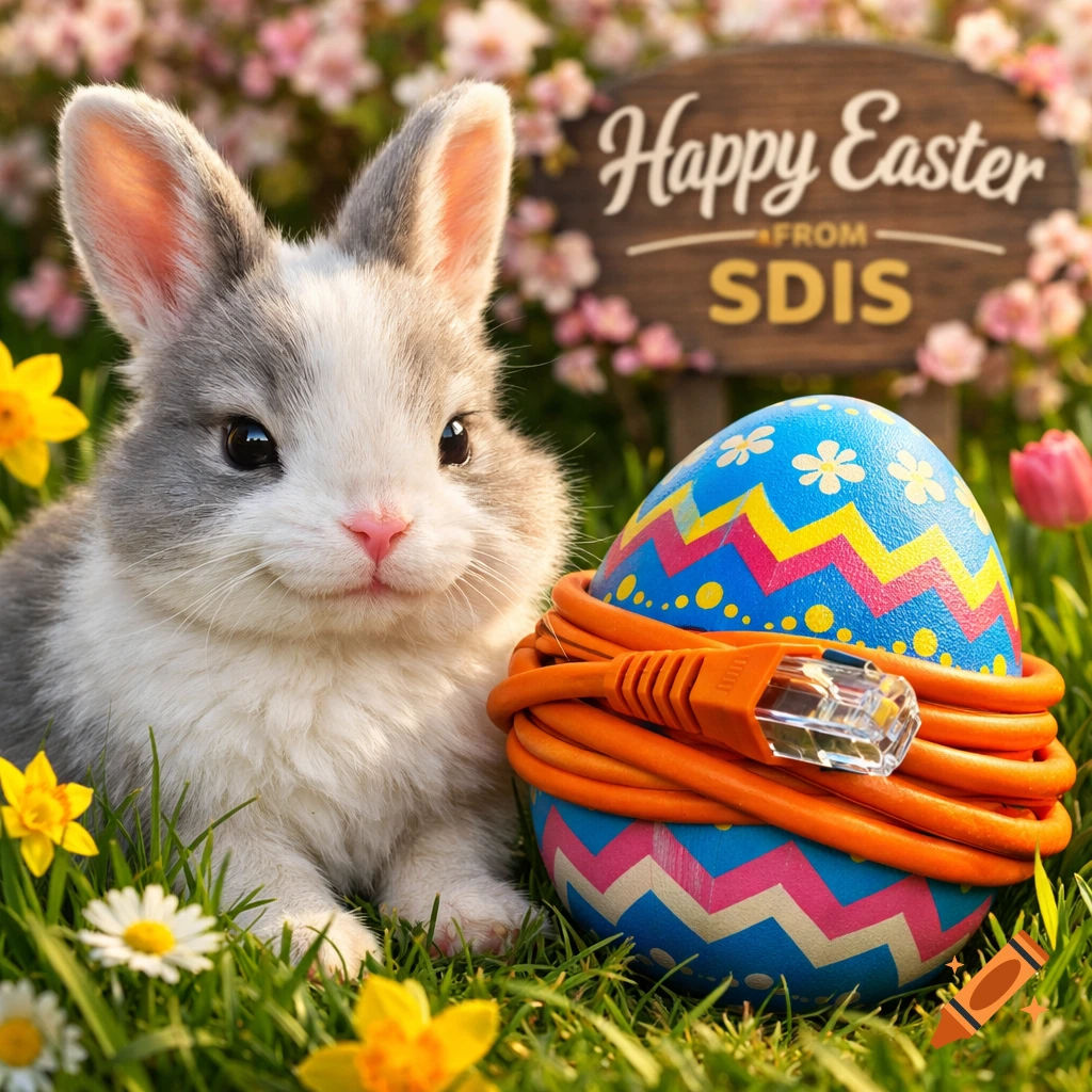 A cute bunny sits next to a colorful Easter egg wrapped in an orange ethernet cable, with a "Happy Easter From SDIS" sign in a flowery garden.
