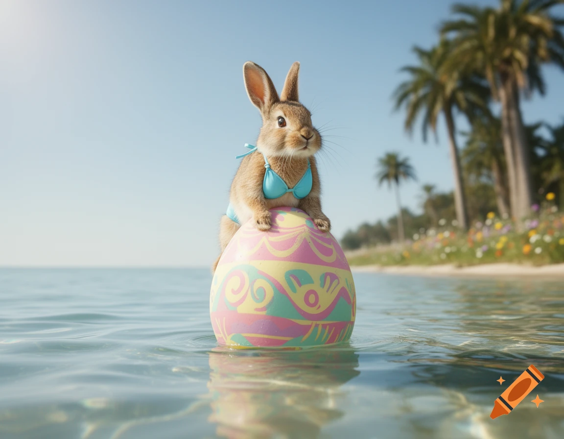 A photorealistic rabbit in a blue bikini sits on a large decorated Easter egg floating in clear ocean water, with a tropical beach and palm trees in the background.