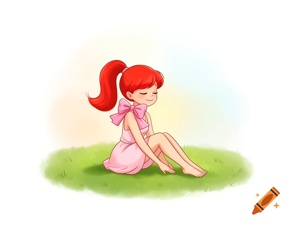 A minimalist cartoon drawing of a girl with bright red hair in a ponytail with a pink bow, sitting barefoot on green grass, smiling with her eyes closed.