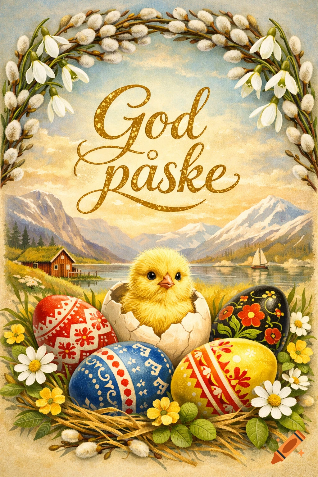 A vintage-style Easter greeting card with a fluffy chick emerging from an egg, surrounded by decorated eggs, flowers, and "God P naske" text, set in a scenic mountain and lake landscape.