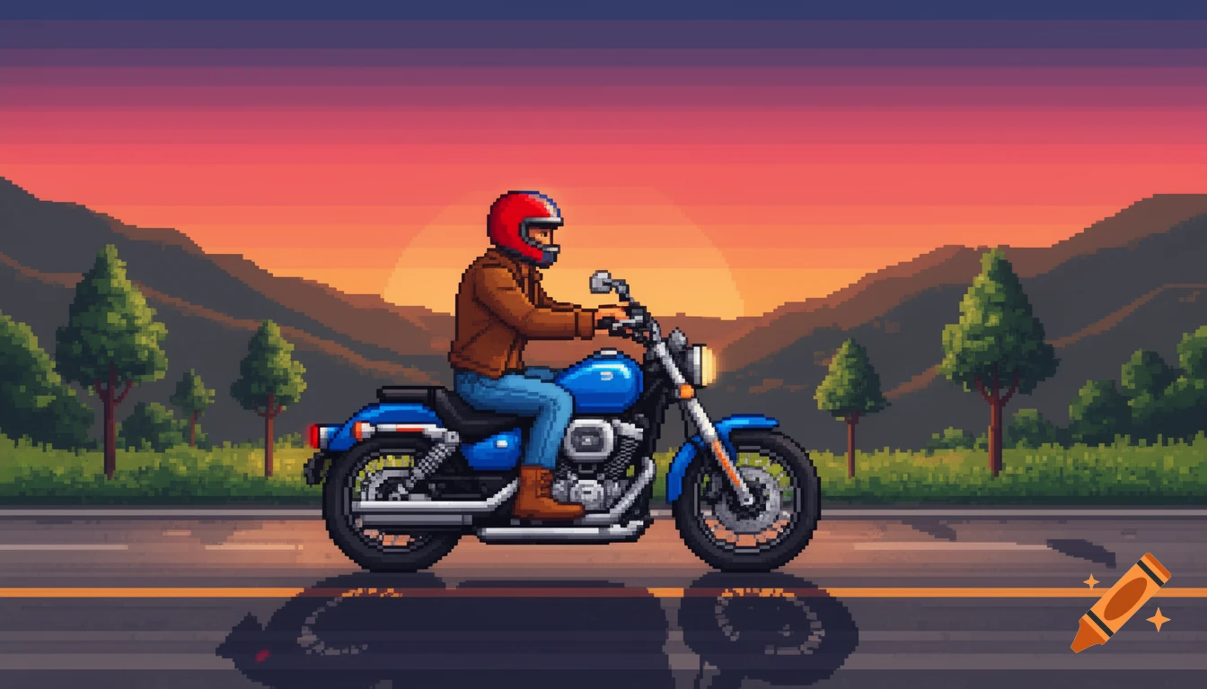 A pixel art image of a man in a red helmet, brown jacket, and blue jeans riding a blue cruiser motorcycle down a highway at sunset, with mountains and trees in the background.