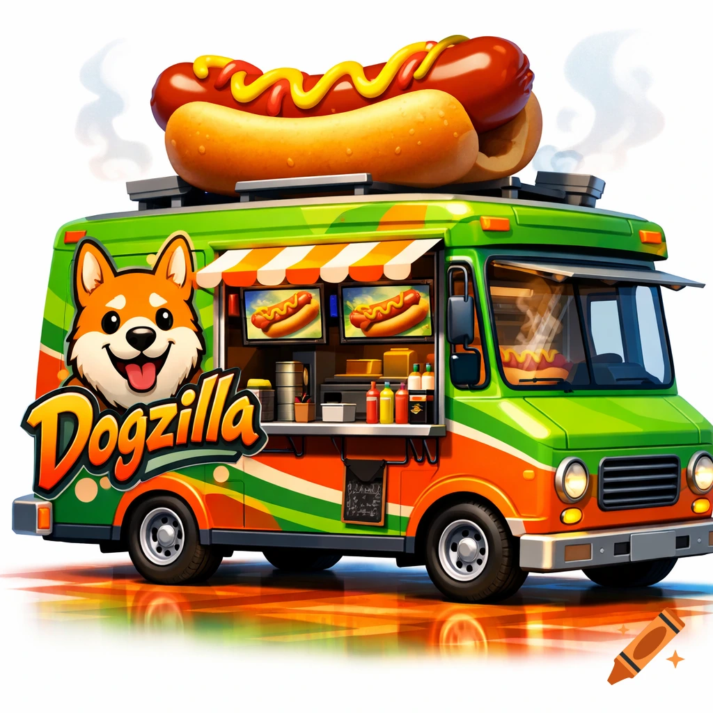 A vibrant 3D cartoon food truck named 'Dogzilla' with a shiba inu mascot, a giant hotdog on its roof, and a green and orange design.