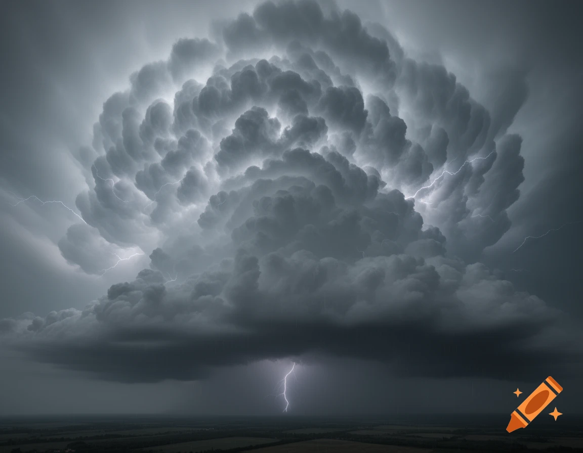 A dramatic dark grey storm cloud with mammatus formations and multiple lightning strikes over a flat landscape.
