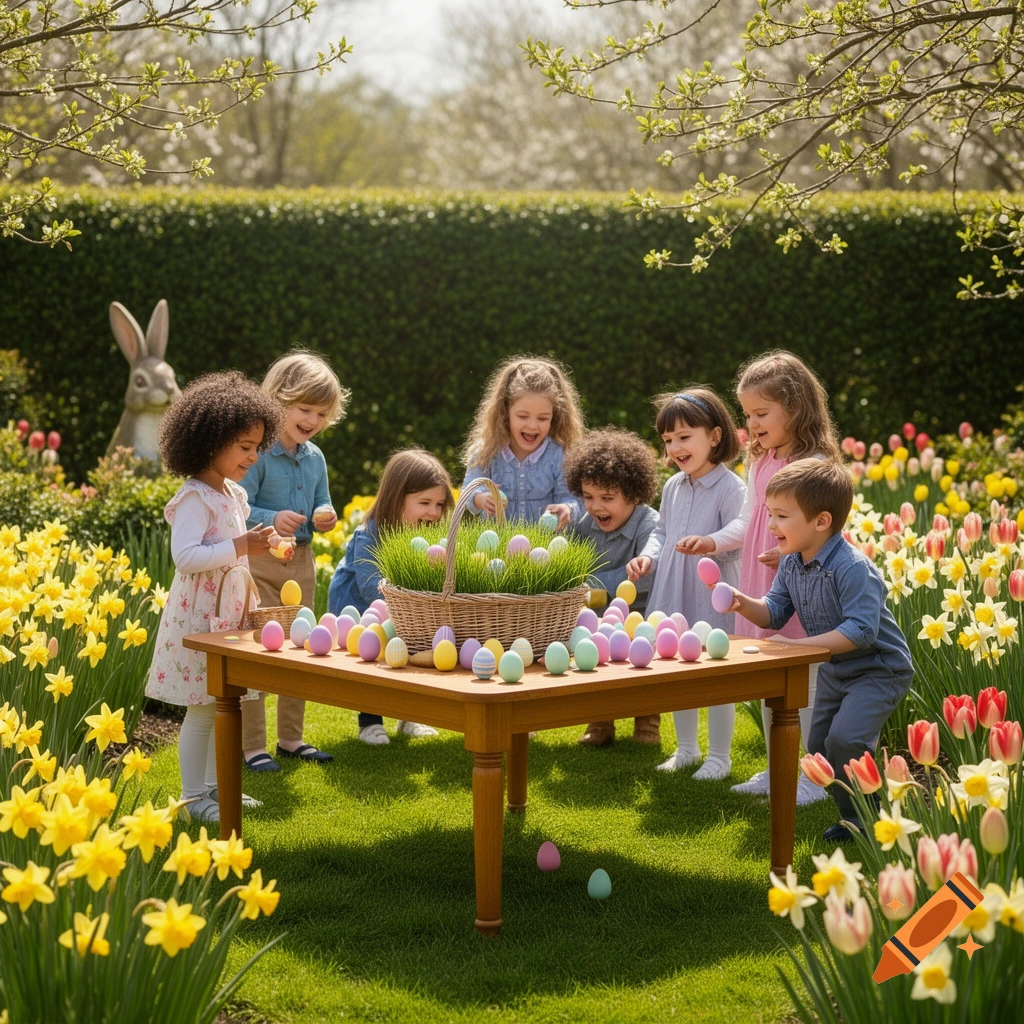Children joyfully gather colorful Easter eggs from a table and basket in a vibrant, sunny spring garden filled with daffodils and tulips.